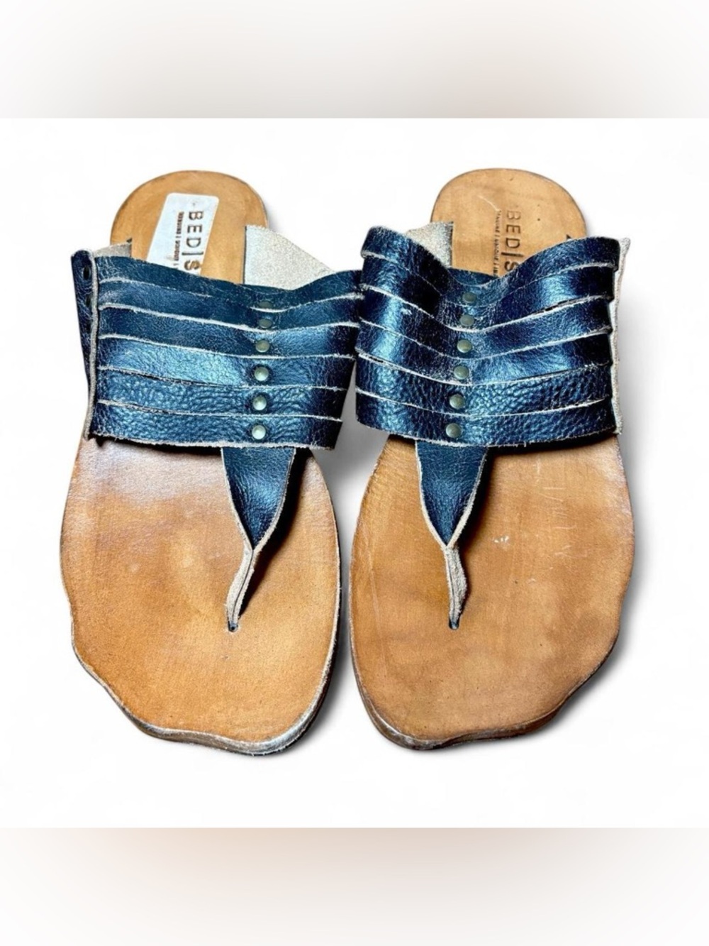 BED|STU Black Leather Slide Sandal with Natural Footbed